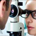 "An optometrist using a slit lamp to examine a patient's eye. Focus on the detailed view of the retina and blood vessels, highlighting signs of diabetic retinopathy. The setting is a modern, well-lit examination room. Emphasize the advanced technology used in eye exams."