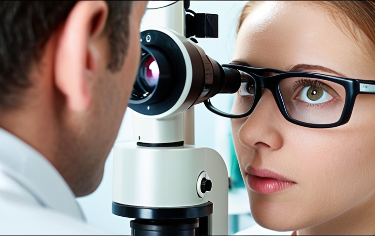 "An optometrist using a slit lamp to examine a patient's eye. Focus on the detailed view of the retina and blood vessels, highlighting signs of diabetic retinopathy. The setting is a modern, well-lit examination room. Emphasize the advanced technology used in eye exams."