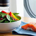 A serene, well-lit indoor scene centered around holistic eye health. On a clean wooden table, there's a vibrant display of eye-healthy foods: a colorful salad with spinach, bell peppers, and berries, alongside a small serving of salmon and a handful of almonds. Next to the food, a clear glass of water or a sleek reusable water bottle is prominently featured. In the background, a subtle, elegant cool-mist humidifier gently releases vapor, creating a soft, misty atmosphere that implies comfort. A warm, folded washcloth rests nearby, suggesting a warm compress. The overall aesthetic is natural, calming, and promotes wellness.