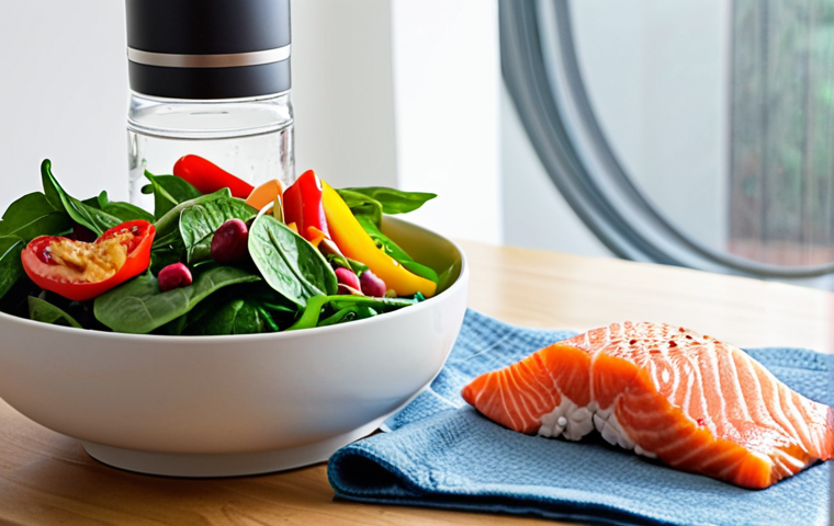 A serene, well-lit indoor scene centered around holistic eye health. On a clean wooden table, there's a vibrant display of eye-healthy foods: a colorful salad with spinach, bell peppers, and berries, alongside a small serving of salmon and a handful of almonds. Next to the food, a clear glass of water or a sleek reusable water bottle is prominently featured. In the background, a subtle, elegant cool-mist humidifier gently releases vapor, creating a soft, misty atmosphere that implies comfort. A warm, folded washcloth rests nearby, suggesting a warm compress. The overall aesthetic is natural, calming, and promotes wellness.