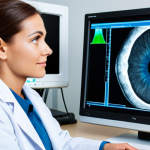 A professional female ophthalmologist, fully clothed in a modest white lab coat, meticulously operates an advanced Optical Coherence Tomography (OCT) machine. A male patient, fully clothed in appropriate casual wear, sits comfortably with his chin on the rest, engaged in the non-invasive eye scan. The background features a clean, modern eye clinic with soft, professional lighting and a large, high-resolution screen displaying intricate retinal images. The scene highlights precision diagnostics and early detection in a safe, professional, high-quality, realistic setting. perfect anatomy, correct proportions, natural pose, well-formed hands, proper finger count, natural body proportions, safe for work, appropriate content, fully clothed.