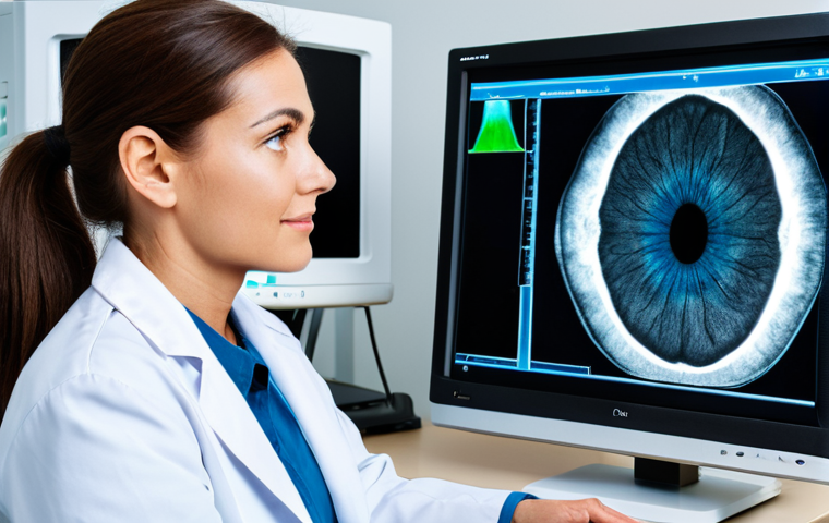 A professional female ophthalmologist, fully clothed in a modest white lab coat, meticulously operates an advanced Optical Coherence Tomography (OCT) machine. A male patient, fully clothed in appropriate casual wear, sits comfortably with his chin on the rest, engaged in the non-invasive eye scan. The background features a clean, modern eye clinic with soft, professional lighting and a large, high-resolution screen displaying intricate retinal images. The scene highlights precision diagnostics and early detection in a safe, professional, high-quality, realistic setting. perfect anatomy, correct proportions, natural pose, well-formed hands, proper finger count, natural body proportions, safe for work, appropriate content, fully clothed.
