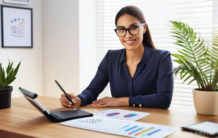 안과 진료 실비 청구 - **Vision Benefits Unveiled**
    A clear, brightly lit home office scene. A diverse woman in her lat...