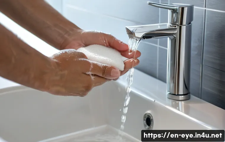 눈 감염 예방 방법 - A detailed close-up of a person&rsquo;s hands washing thoroughly with soap and water at a modern bathroom ...