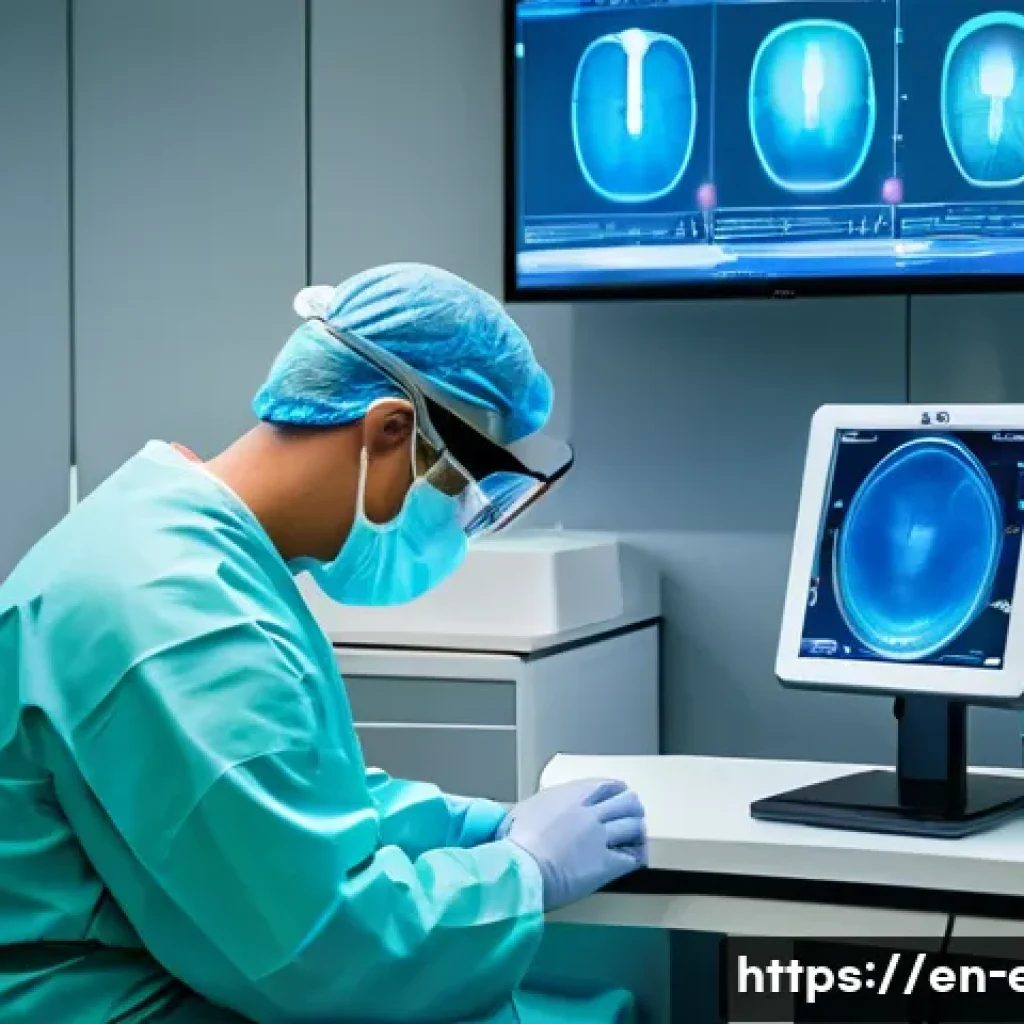 시력교정술 최신 기술 - A futuristic ophthalmic surgery room showcasing a surgeon performing femtosecond laser-assisted visi...
