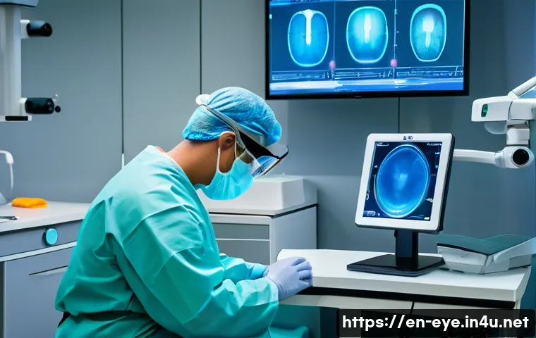 시력교정술 최신 기술 - A futuristic ophthalmic surgery room showcasing a surgeon performing femtosecond laser-assisted visi...