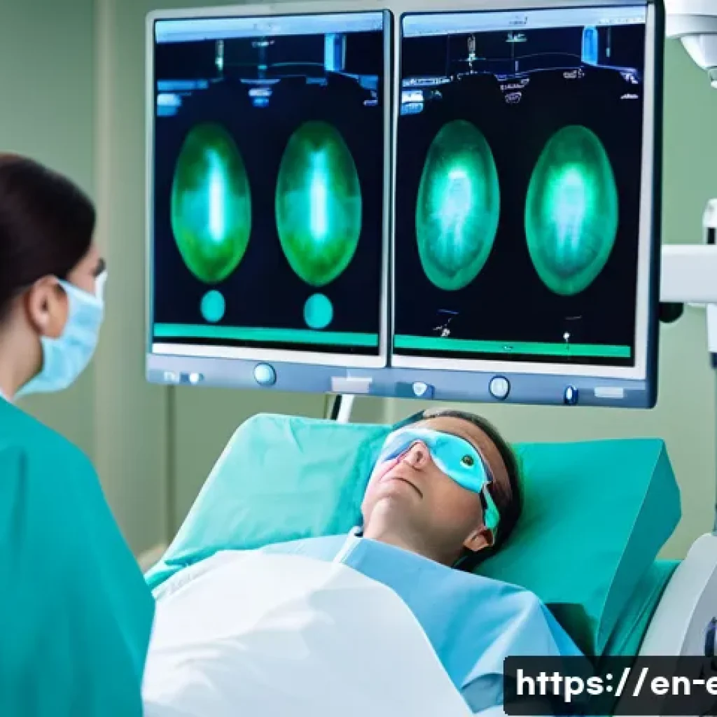 눈 레이저 치료 후기 - A bright, modern ophthalmology operating room scene showing a calm patient lying on a comfortable su...