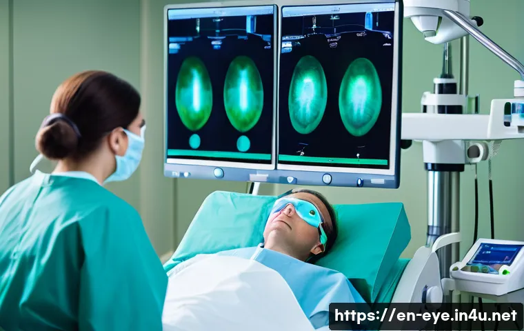 눈 레이저 치료 후기 - A bright, modern ophthalmology operating room scene showing a calm patient lying on a comfortable su...