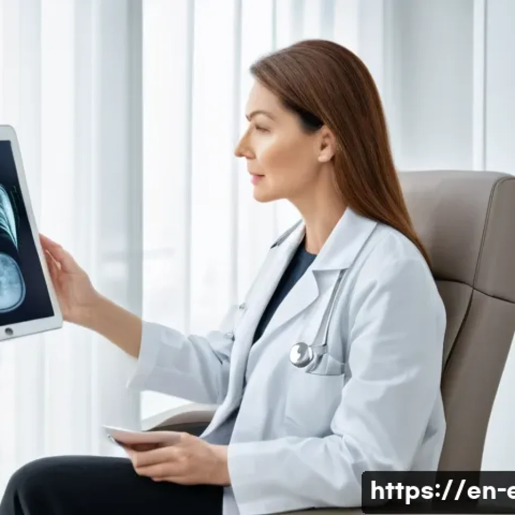 눈 성형과 시력교정 비교 - A serene medical consultation scene in a modern clinic, showing a middle-aged Caucasian woman sittin...