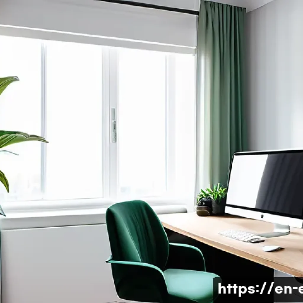 눈 피로 완화 방법 - A modern, bright home office workspace bathed in soft, indirect natural light from a large window wi...
