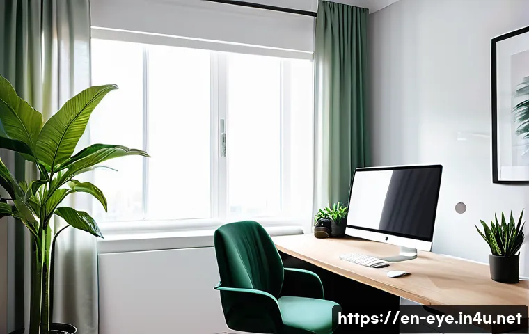 눈 피로 완화 방법 - A modern, bright home office workspace bathed in soft, indirect natural light from a large window wi...