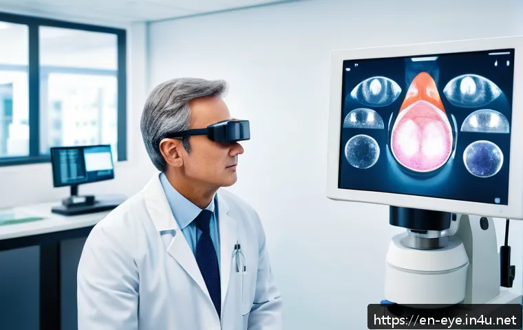 눈 성형과 안과 차이점 - A modern ophthalmology clinic scene showing a middle-aged patient undergoing a high-tech eye examina...