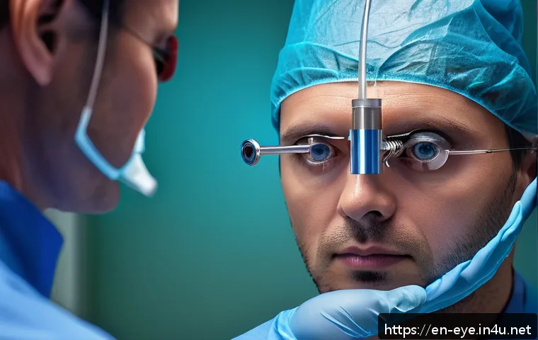 라식과 라섹 차이 - A detailed close-up medical illustration of the LASIK eye surgery procedure showing a surgeon creati...