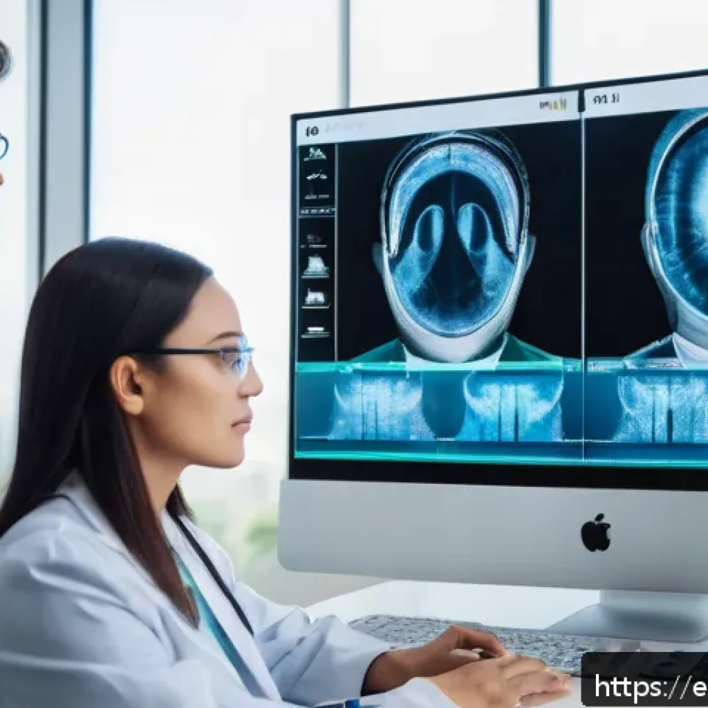 안과 최신 진료 기술 - A futuristic eye clinic scene showcasing an ophthalmologist using advanced AI diagnostic tools to an...