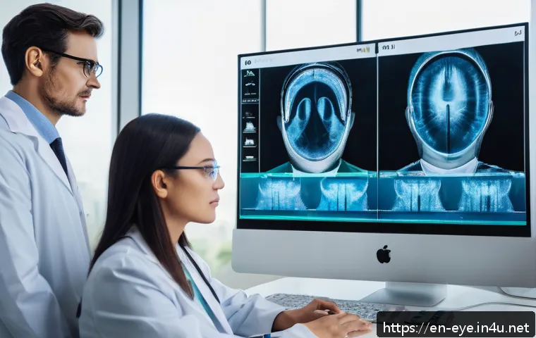 안과 최신 진료 기술 - A futuristic eye clinic scene showcasing an ophthalmologist using advanced AI diagnostic tools to an...