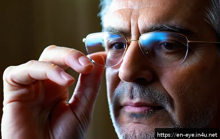 백내장 수술 후기 사례 - A close-up image of a middle-aged person gently applying prescribed eye drops into their eye, sittin...