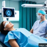Home 22 라섹 수술 후기 - A modern ophthalmology clinic room with a patient lying calmly on a surgical chair, wearing a hospit...