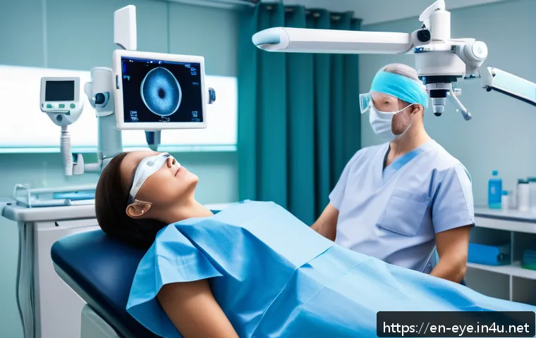 라섹 수술 후기 - A modern ophthalmology clinic room with a patient lying calmly on a surgical chair, wearing a hospit...