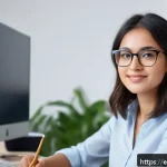 Home 21 안구건조증 눈물 치료 - A modern home office scene showing a young professional woman with medium skin tone and shoulder-len...