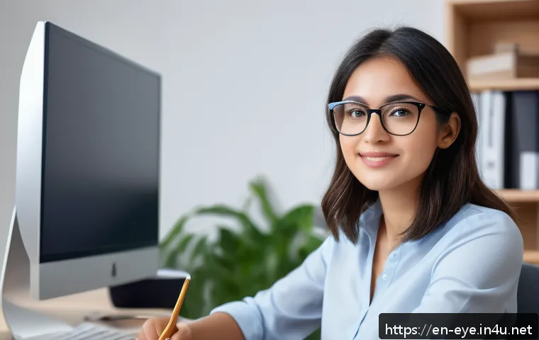 안구건조증 눈물 치료 - A modern home office scene showing a young professional woman with medium skin tone and shoulder-len...