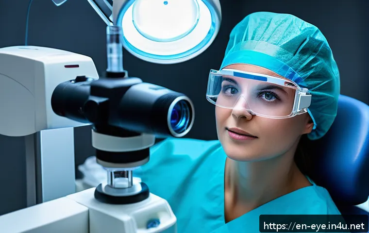 근시 레이저 시술 - A modern ophthalmology clinic room with a skilled surgeon performing LASIK eye surgery on a patient ...