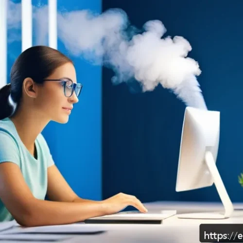 Home 31 안구건조증 원인 제거 - A modern office interior with a professional young adult woman sitting at a desk, working on a compu...