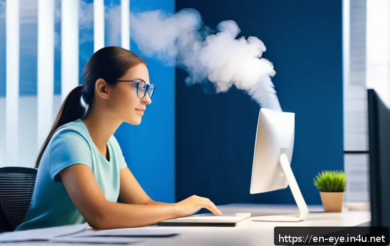 안구건조증 원인 제거 - A modern office interior with a professional young adult woman sitting at a desk, working on a compu...