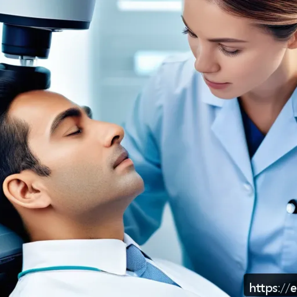 안과 초음파 검사 방법 - A high-resolution medical illustration of an ophthalmologist performing a B-scan ultrasound on a pat...