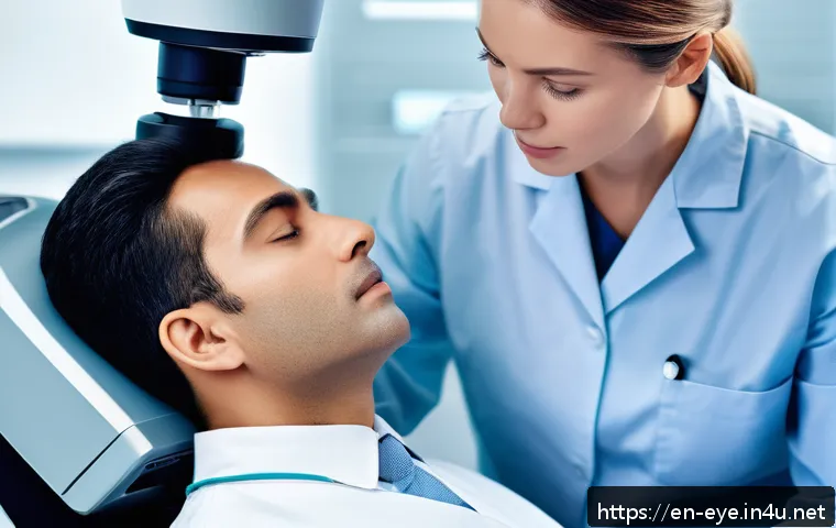 안과 초음파 검사 방법 - A high-resolution medical illustration of an ophthalmologist performing a B-scan ultrasound on a pat...
