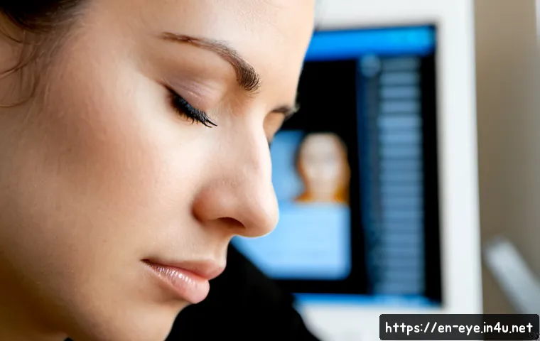 Home 17 눈 통증 원인과 해결 - Photorealistic close-up of an adult office worker experiencing eye strain, gently pressing the templ...