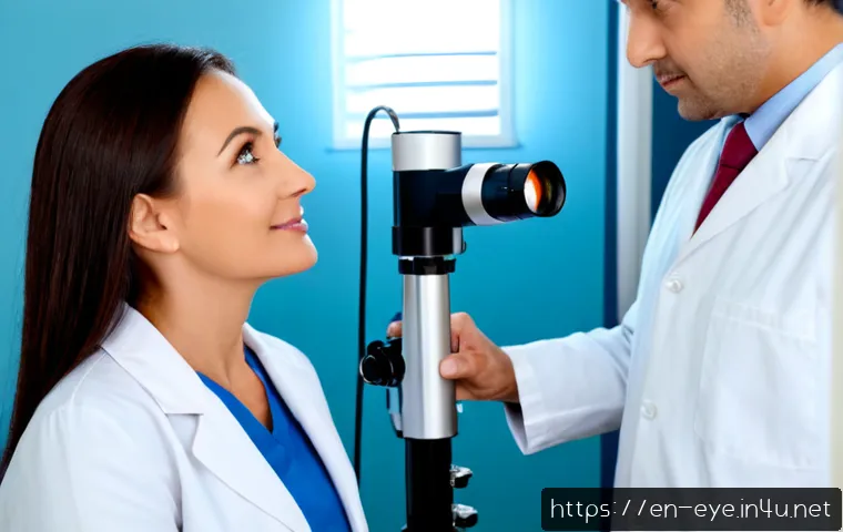 Home 17 안구건조증 치료 신기술 - Photorealistic modern ophthalmology clinic, friendly middle-aged patient seated at a slit-lamp exami...