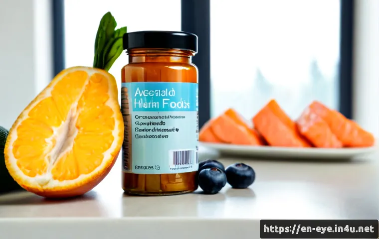 눈 건강에 좋은 비타민 - Photorealistic close-up still life of eye-health vitamin foods arranged on a bright kitchen counter:...